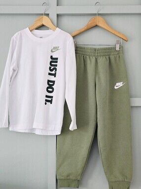 Nike Olive Green Jogger Set with White Long-Sleeve Graphic Tee